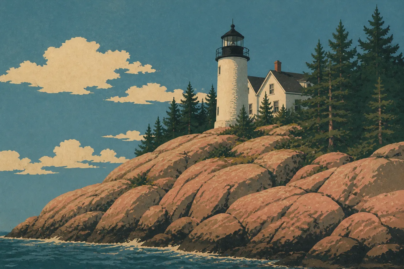 Ilustración serigrafiada: Bass Harbor Head Light erguido sobre su promontorio granítico entre las coníferas de Mount Desert Island