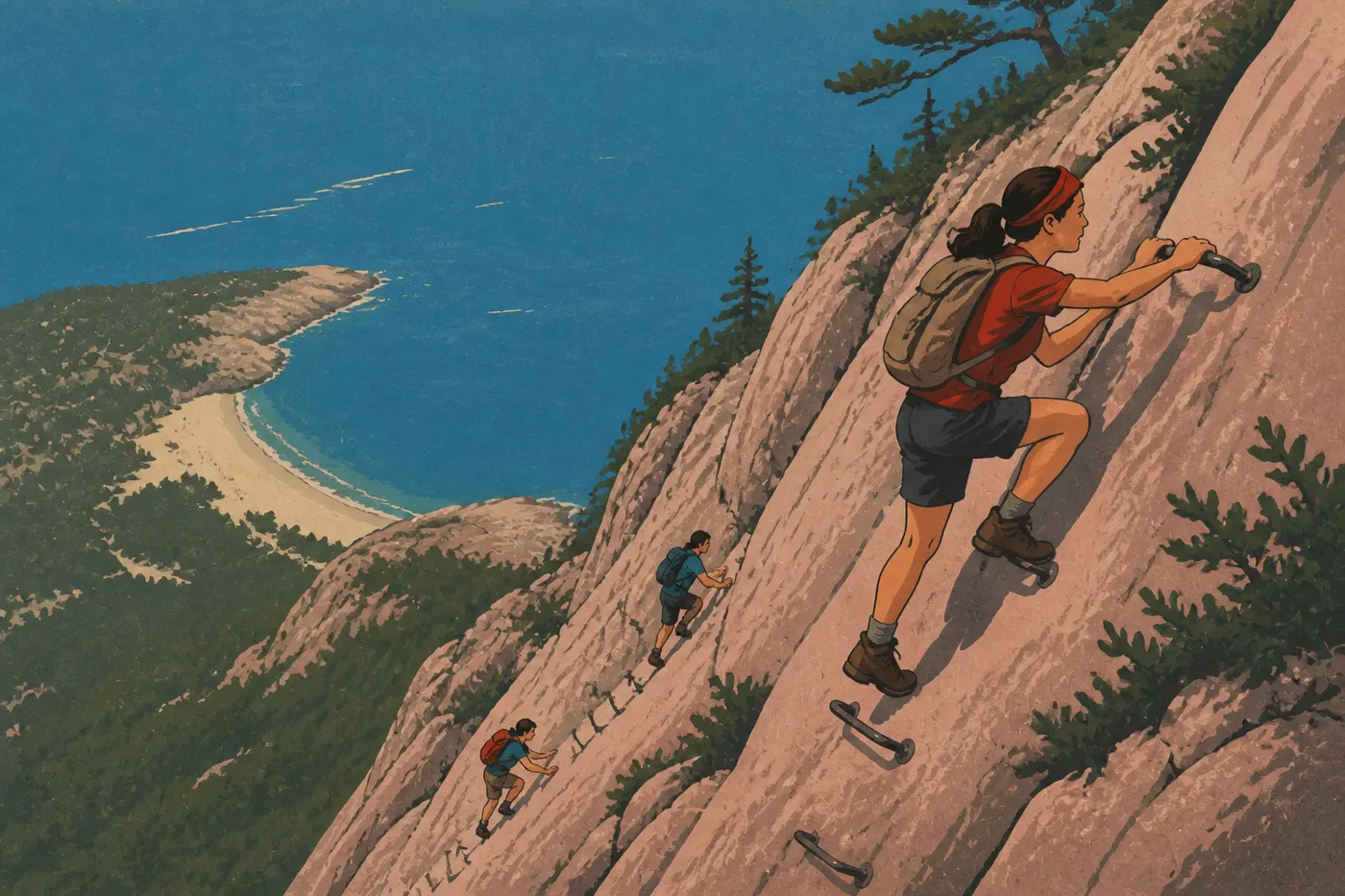 Illustration sérigraphiée : Randonneurs gravissant les barreaux métalliques du Beehive Trail au-dessus de Sand Beach et de l’Atlantique