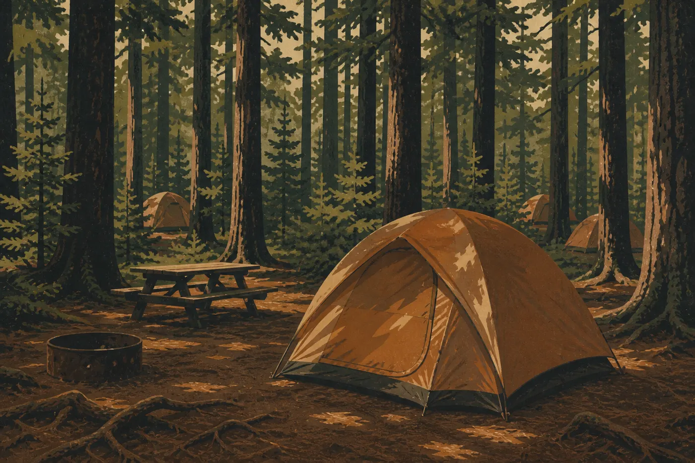 Illustration sérigraphiée : Tentes installées sous les grands conifères de Blackwoods Campground, à quelques minutes à pied de l’océan