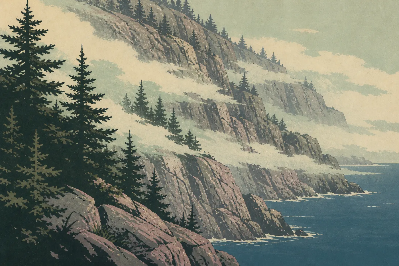 Illustration sérigraphiée : Bancs de brouillard atlantique enveloppant les falaises et les conifères d’Otter Cliffs au petit matin