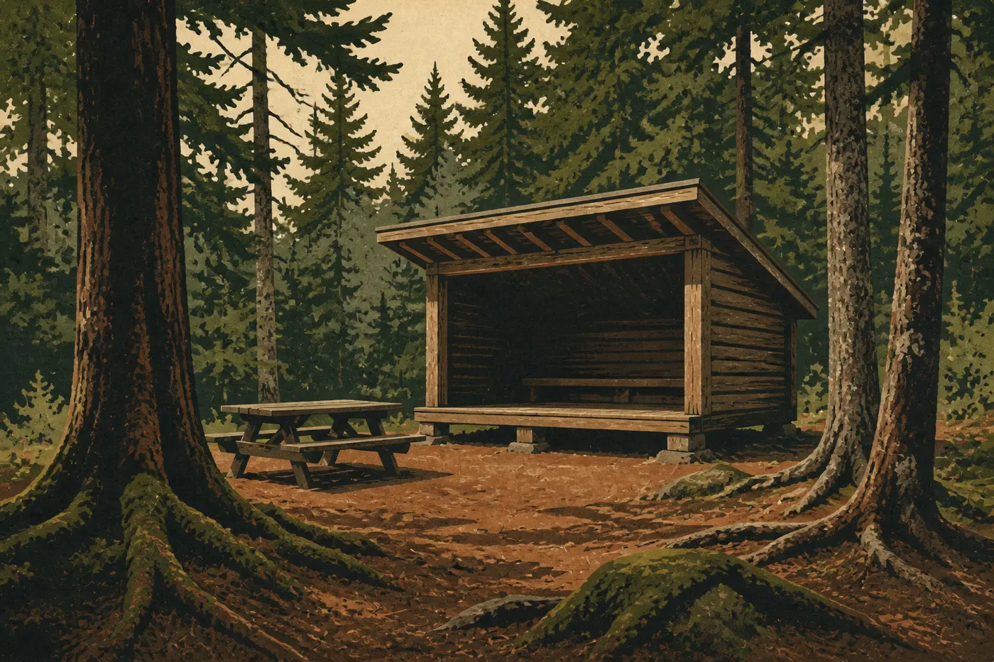 Illustration sérigraphiée : Abri rustique en bois de Duck Harbor Campground entouré par la forêt isolée d’Isle au Haut