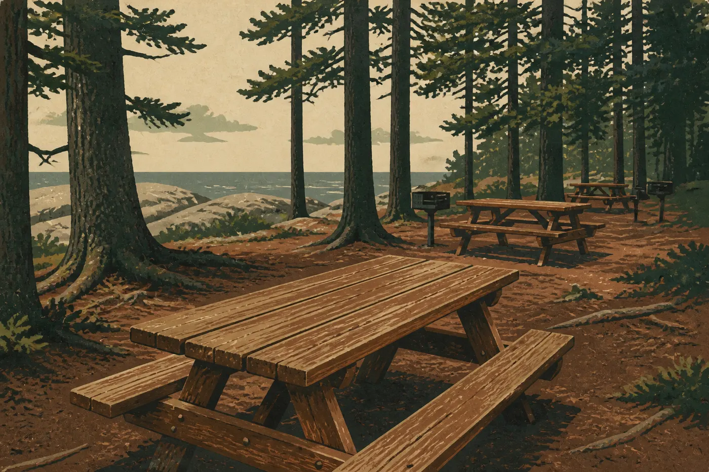 Illustration sérigraphiée : Tables de pique-nique de Fabbri Picnic Area sous les conifères, près de la côte rocheuse
