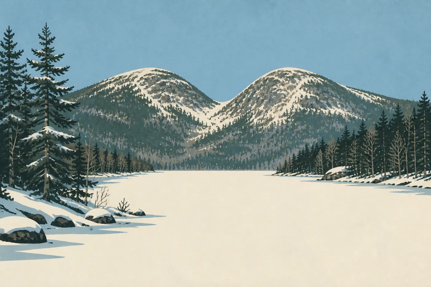 Illustration sérigraphiée : Jordan Pond gelé et enneigé sous les Bubbles, dans la lumière froide d’une journée hivernale dégagée