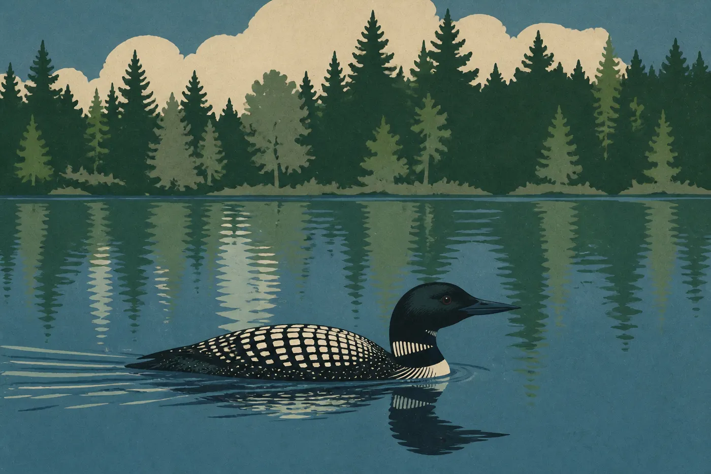 Ilustración serigrafiada: Colimbo grande adulto flotando en las aguas tranquilas de un lago bordeado de coníferas en Acadia