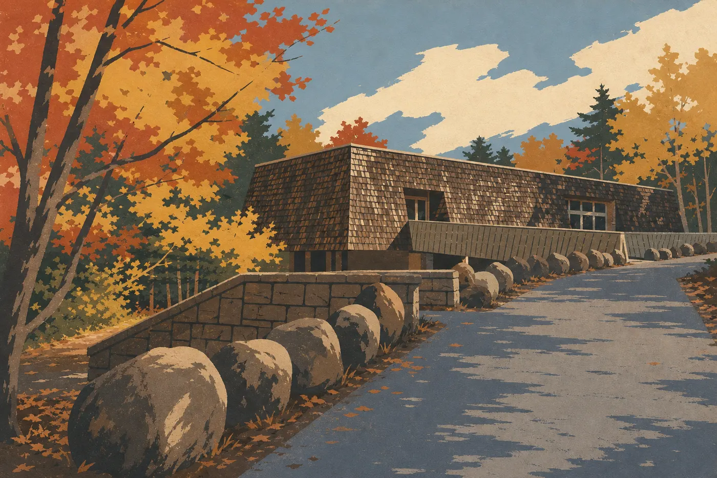 Illustration sérigraphiée : Façade en pierre du Hulls Cove Visitor Center, point d’entrée emblématique vers Mount Desert Island