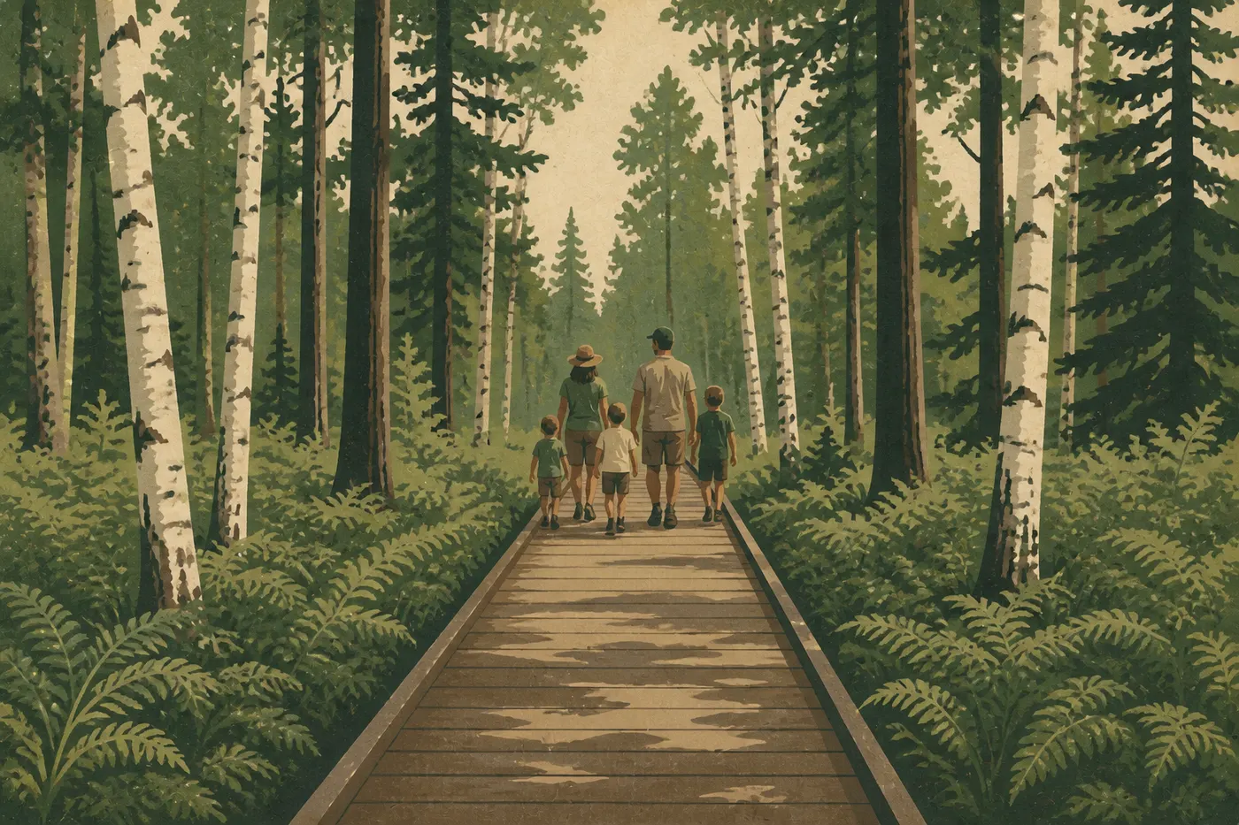 Illustration sérigraphiée : Famille cheminant sur le ponton accessible de Jesup Path parmi bouleaux blancs et marais verdoyant