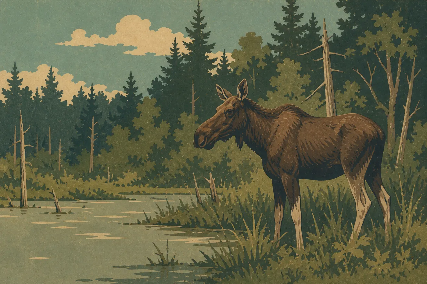 Ilustración serigrafiada: Alce solitario junto a un humedal boscoso, una escena poco frecuente pero real de la fauna de Acadia.