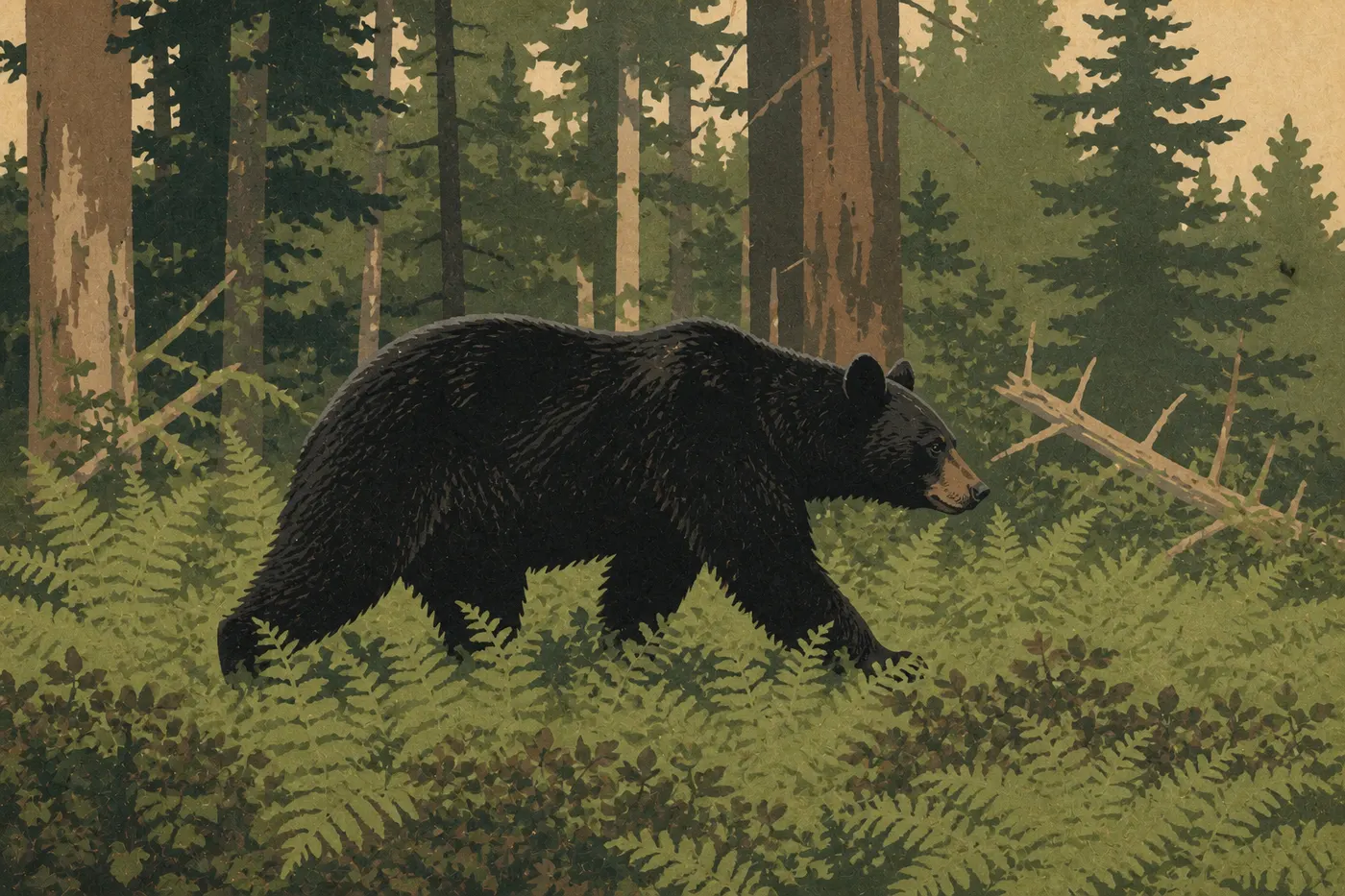 Ilustración serigrafiada: Oso negro americano cruzando un claro boscoso de Mount Desert Island entre helechos y coníferas.