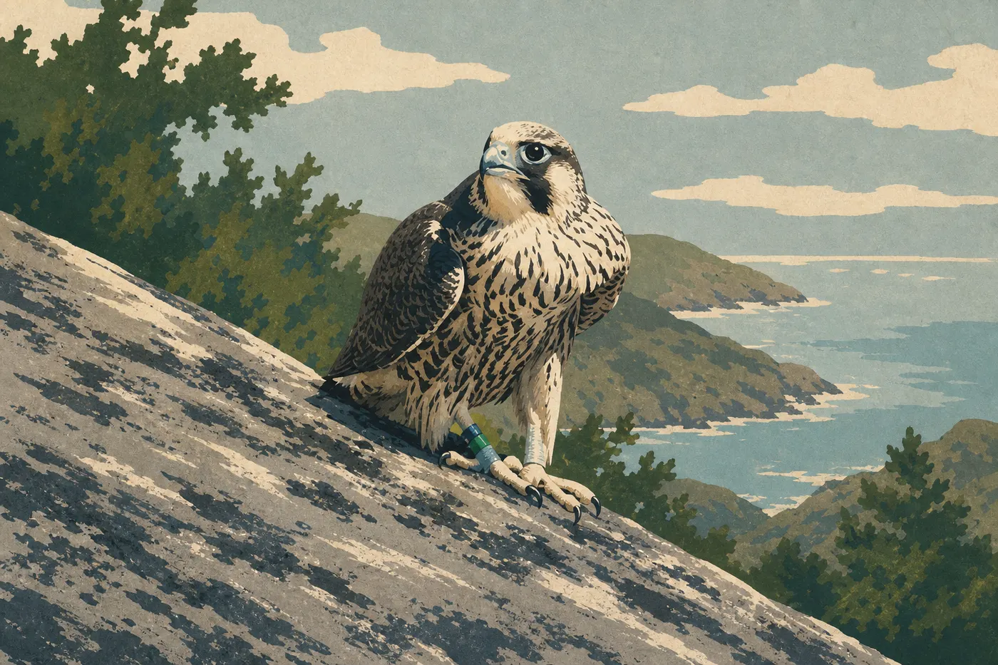 Illustration sérigraphiée : Faucon pèlerin posé sur une corniche granitique de Champlain Mountain, dominant la côte rocheuse d’Acadia