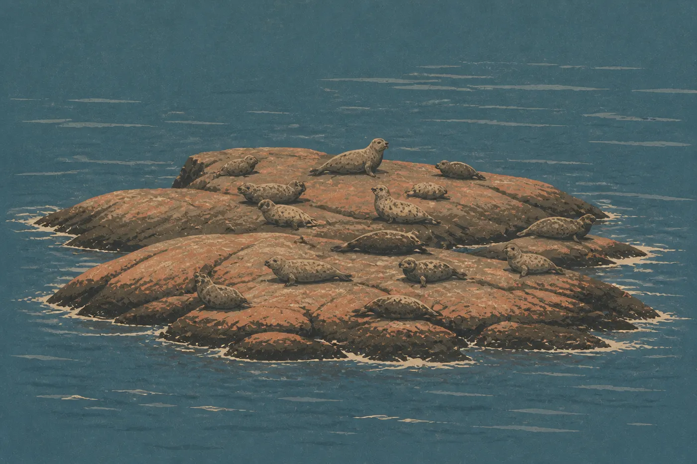 Ilustración serigrafiada: Focas comunes y grises descansando sobre rocas costeras descubiertas por la marea en las aguas de Acadia