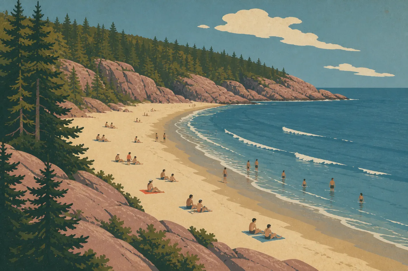 Illustration sérigraphiée : Baigneurs et visiteurs sur Sand Beach entre falaises granitiques et eau bleue pendant une journée estivale