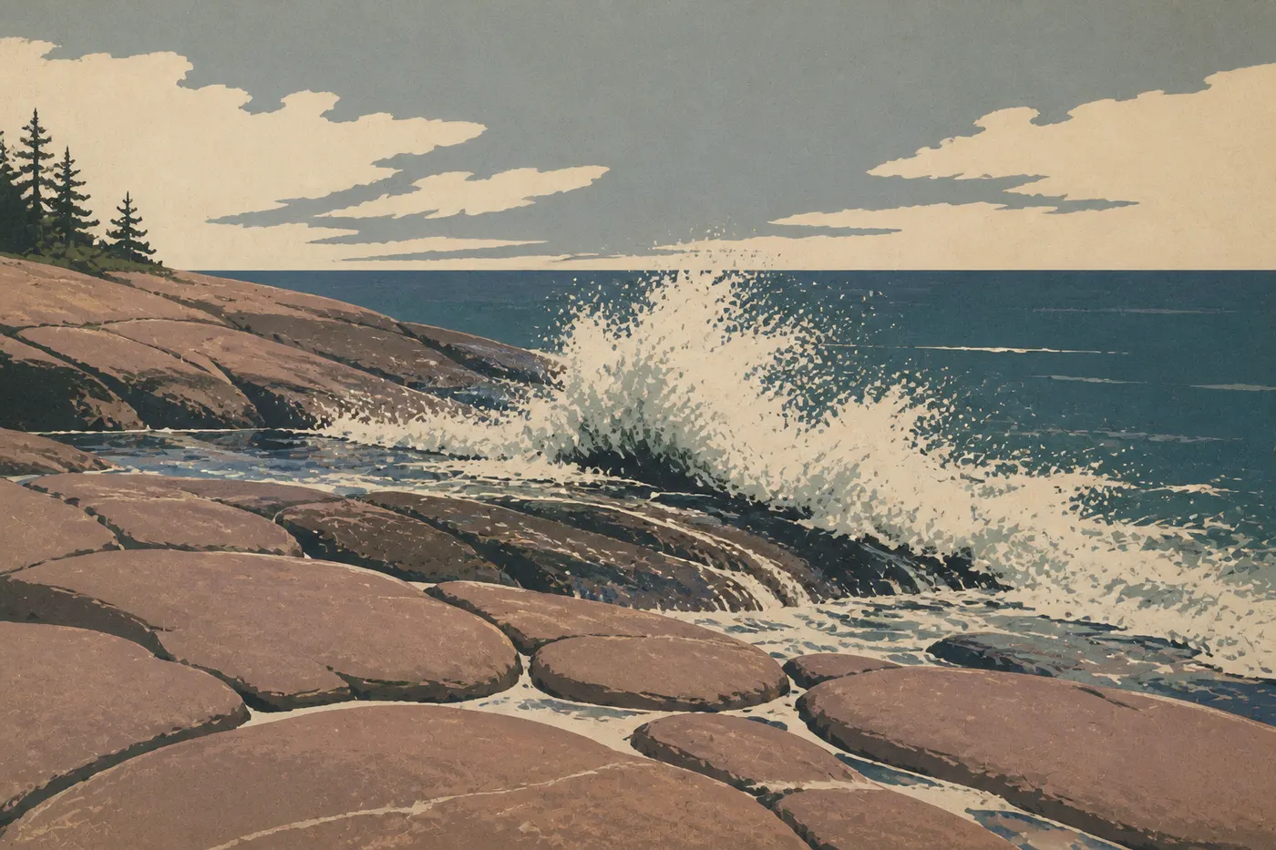 Illustration sérigraphiée : Grandes vagues atlantiques éclatant sur les dalles de granit rose de Schoodic Point face au large
