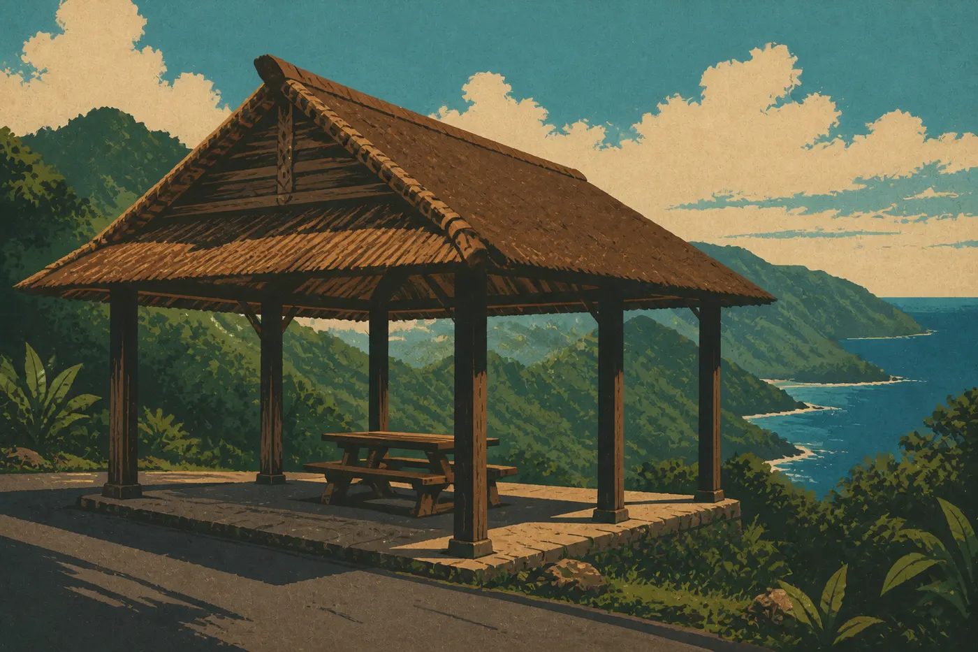 Illustration sérigraphiée : Le fale du belvédère routier du parc dominant la côte nord tropicale de Tutuila