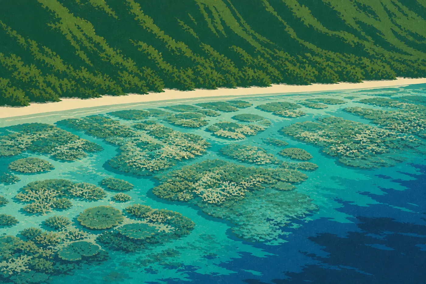 Illustration sérigraphiée : Le récif corallien peu profond d’Ofu sous une eau transparente, entre plage blanche et versant tropical