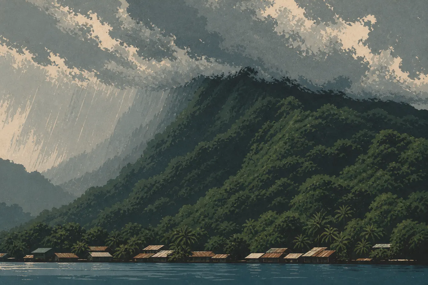 Illustration sérigraphiée : Des nuages de pluie accrochés à la forêt dense du mont ʻAlava au-dessus de Pago Pago