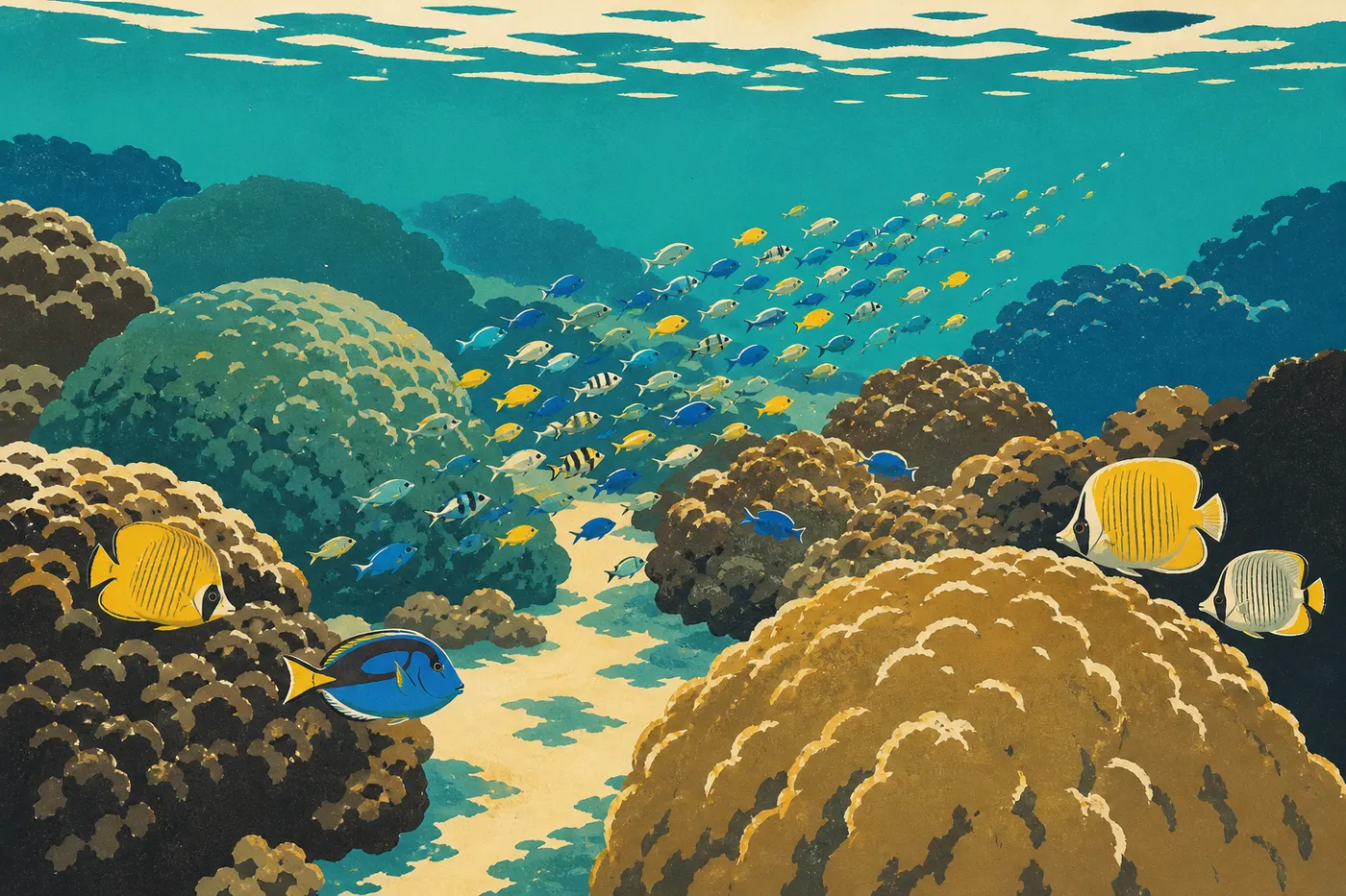 Illustration sérigraphiée : Un banc de poissons tropicaux multicolores circulant parmi les coraux massifs du récif d’Ofu