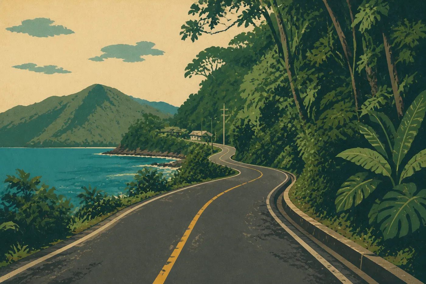 Illustration sérigraphiée : La route côtière pavée entre Afono et Vatia serpentant entre forêt tropicale, village et baie