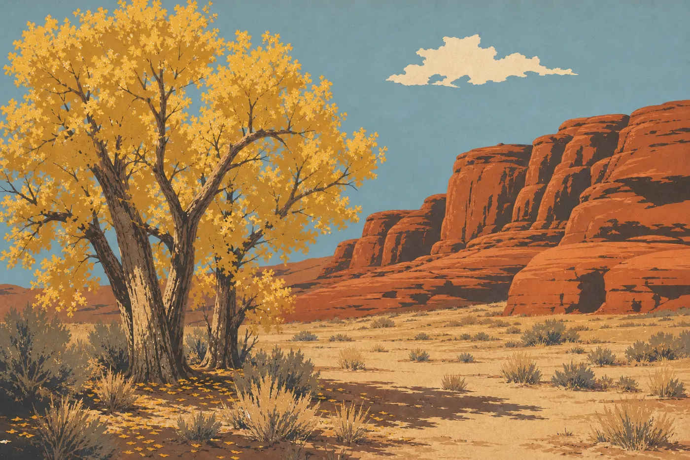 Illustration sérigraphiée : Les peupliers de Fremont dorés de Wolfe Ranch contrastent avec le grès rouge sous une lumière claire d'automne.