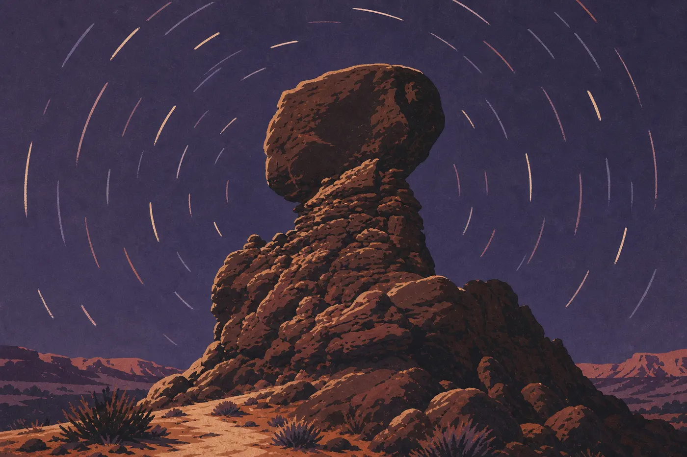 Illustration sérigraphiée : Balanced Rock se détache sur le ciel bleu, son énorme bloc perché dominant le court sentier aménagé.