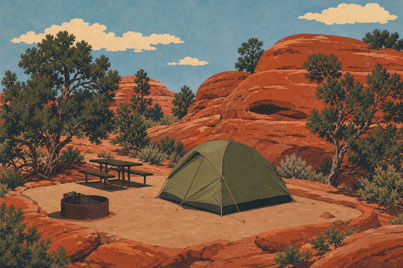 Illustration sérigraphiée : Une tente occupe un emplacement de Devils Garden Campground parmi les affleurements de slickrock et les genévriers.