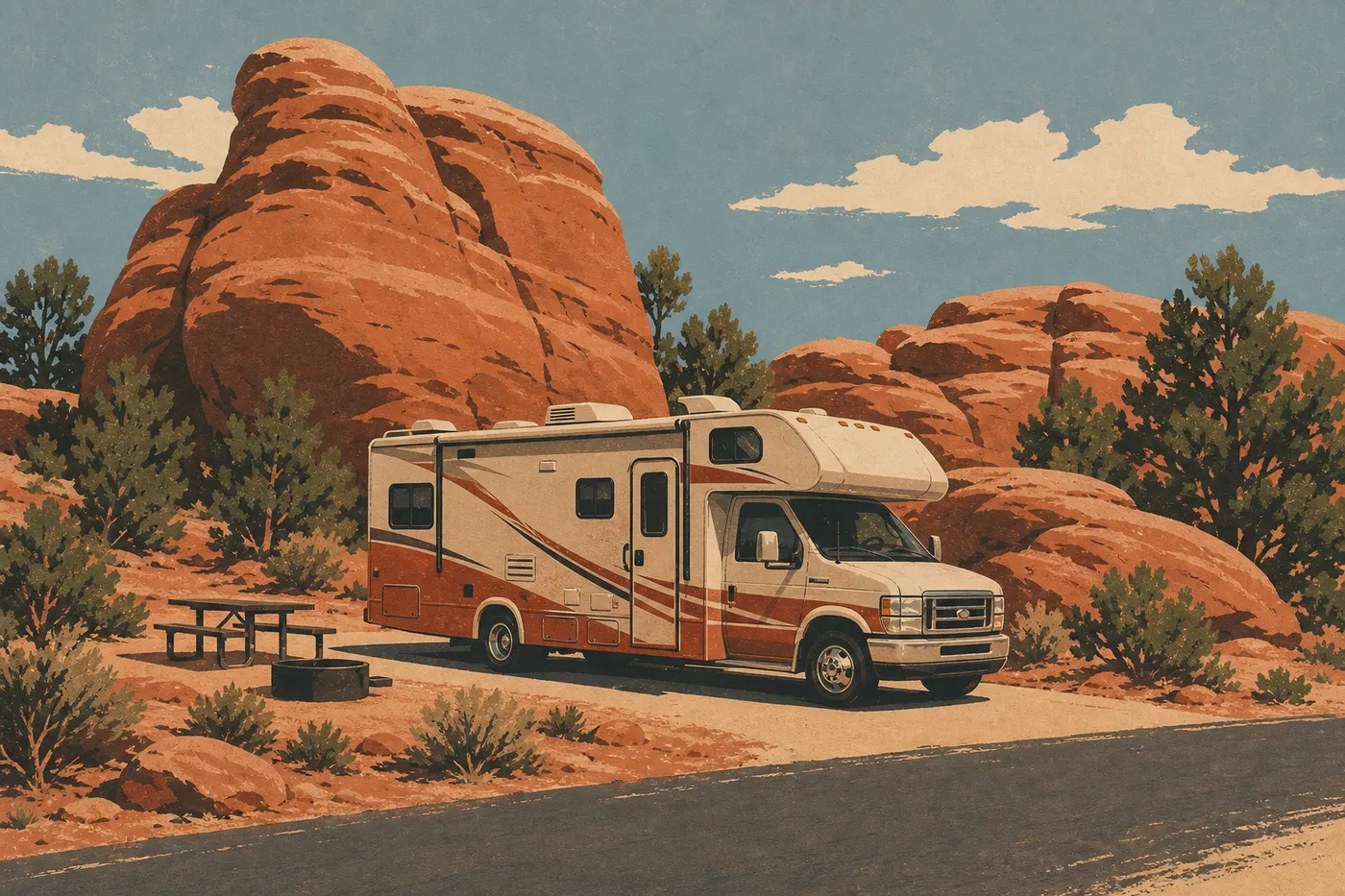 Illustration sérigraphiée : Un camping-car stationne sur un emplacement aménagé de Devils Garden Campground, entouré de rochers rouges sculptés.