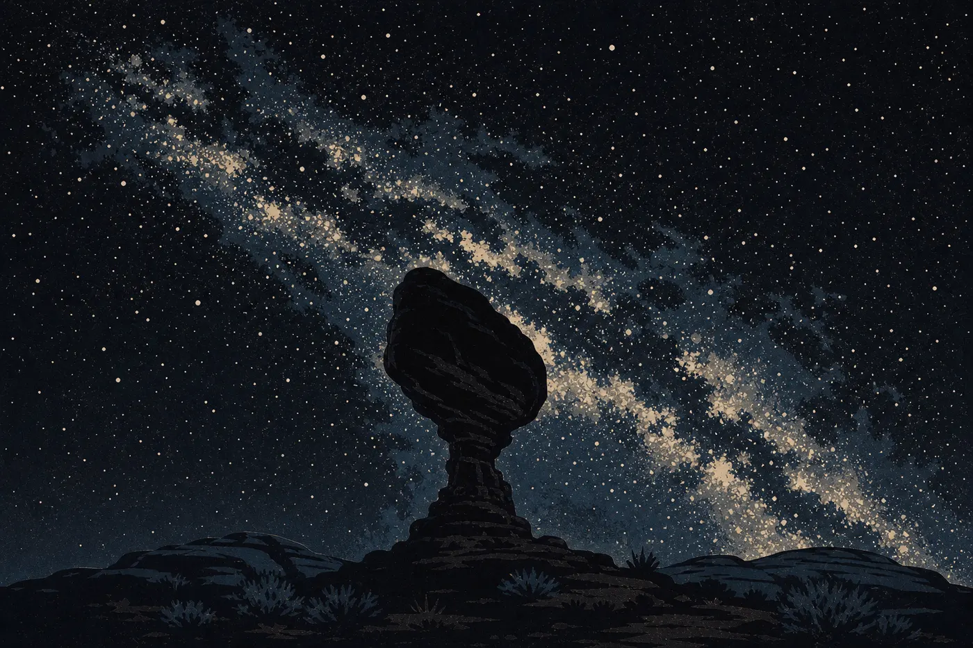 Illustration sérigraphiée : La Voie lactée traverse un ciel noir constellé d'étoiles au-dessus de la silhouette immédiatement reconnaissable de Balanced Rock.