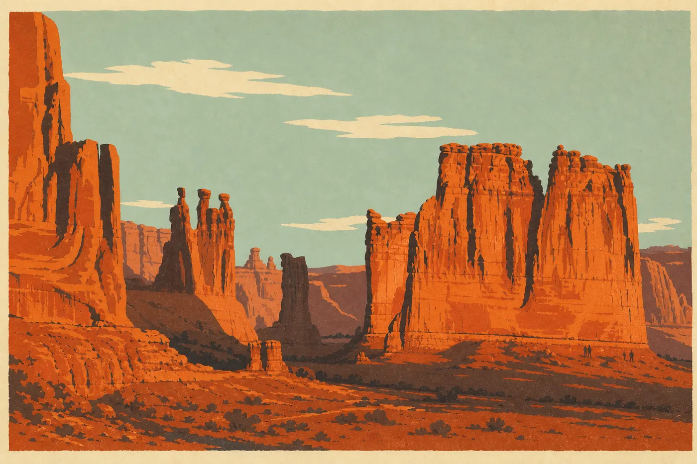 Illustration sérigraphiée : Les monolithes de Courthouse Towers encadrent Park Avenue, avec de minuscules visiteurs au pied des parois rouges.