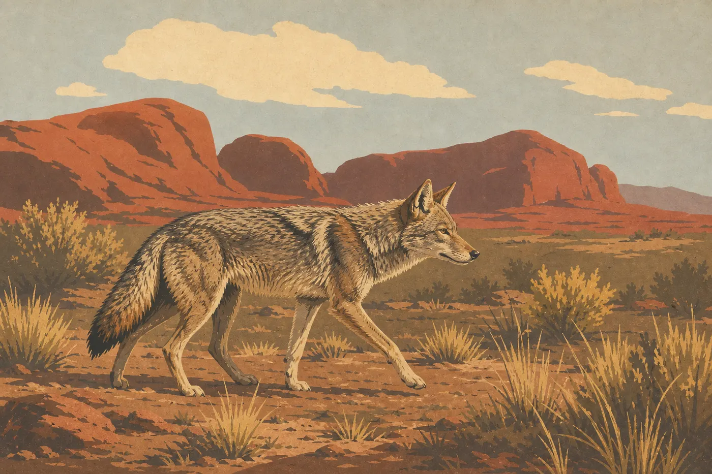 Illustration sérigraphiée : Un coyote solitaire avance dans les herbes sèches du désert, éclairé par la lumière basse du matin.