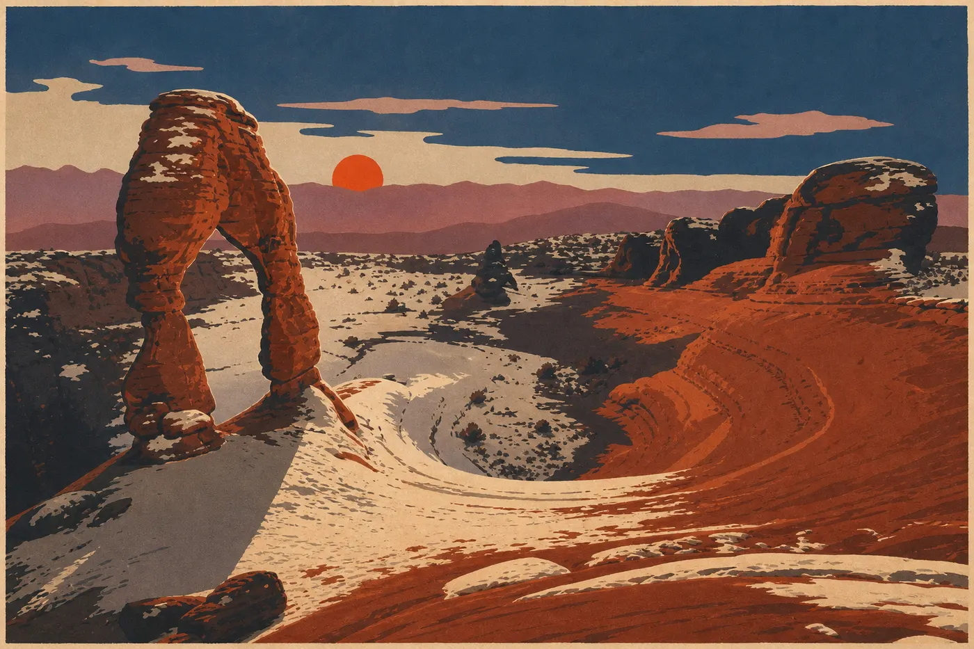 Illustration sérigraphiée : Delicate Arch rougeoie au coucher du soleil, isolée sur son amphithéâtre de grès face aux montagnes La Sal.