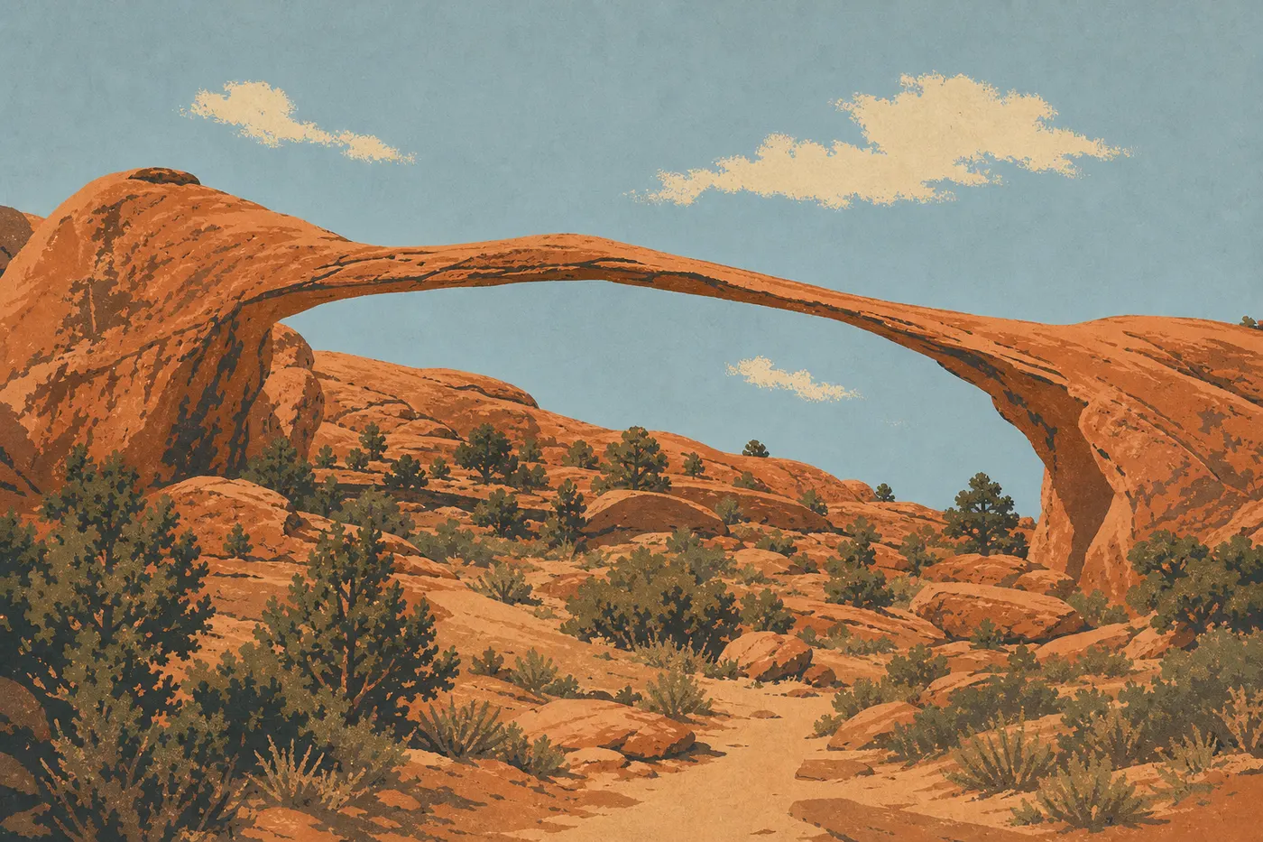 Illustration sérigraphiée : Landscape Arch forme un ruban de pierre spectaculaire au-dessus des genévriers, au bout du sentier de Devils Garden.