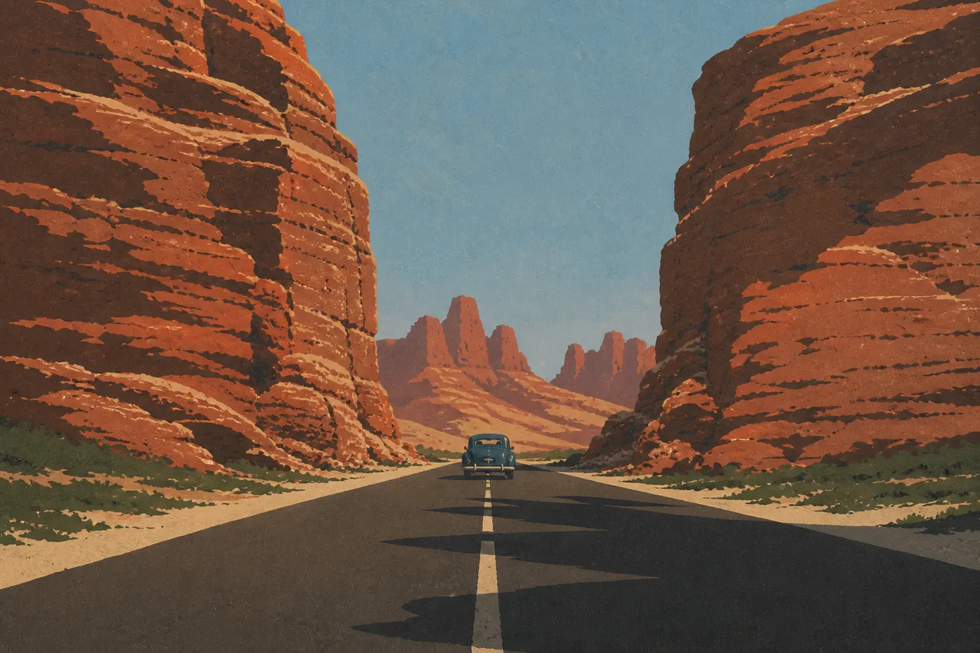 Illustration sérigraphiée : La route franchit le poste d'entrée d'Arches puis grimpe en lacets vers les hautes falaises rouges de Moab Canyon.
