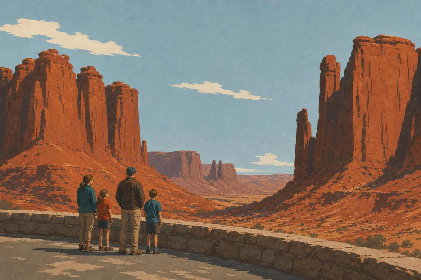Illustration sérigraphiée : Une famille observe Park Avenue depuis le belvédère plat et pavé, devant les immenses parois de Courthouse Towers.
