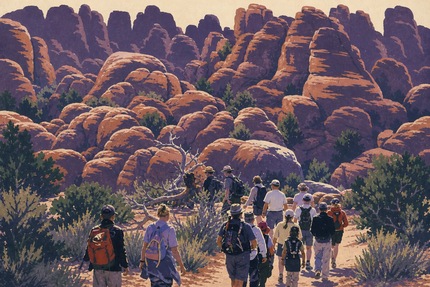 Illustration sérigraphiée : Des visiteurs guidés progressent entre les hautes et étroites ailettes de grès du labyrinthe de Fiery Furnace.