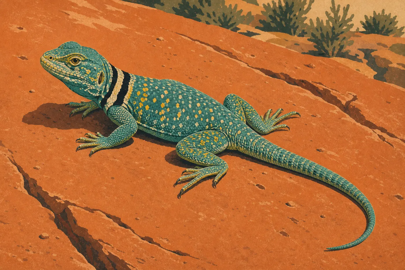 Ilustración serigrafiada: Un lagarto de collar de vivos colores toma el sol sobre una losa de arenisca anaranjada