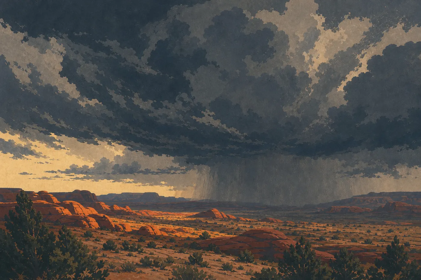 Illustration sérigraphiée : Un orage d'été assombrit Panorama Point tandis que les derniers rayons illuminent les roches rouges du désert.