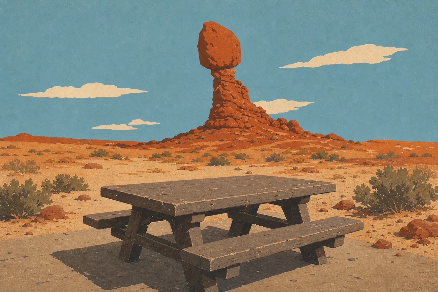 Illustration sérigraphiée : Une table de pique-nique de Balanced Rock Picnic Area fait face au rocher perché sous un ciel lumineux.