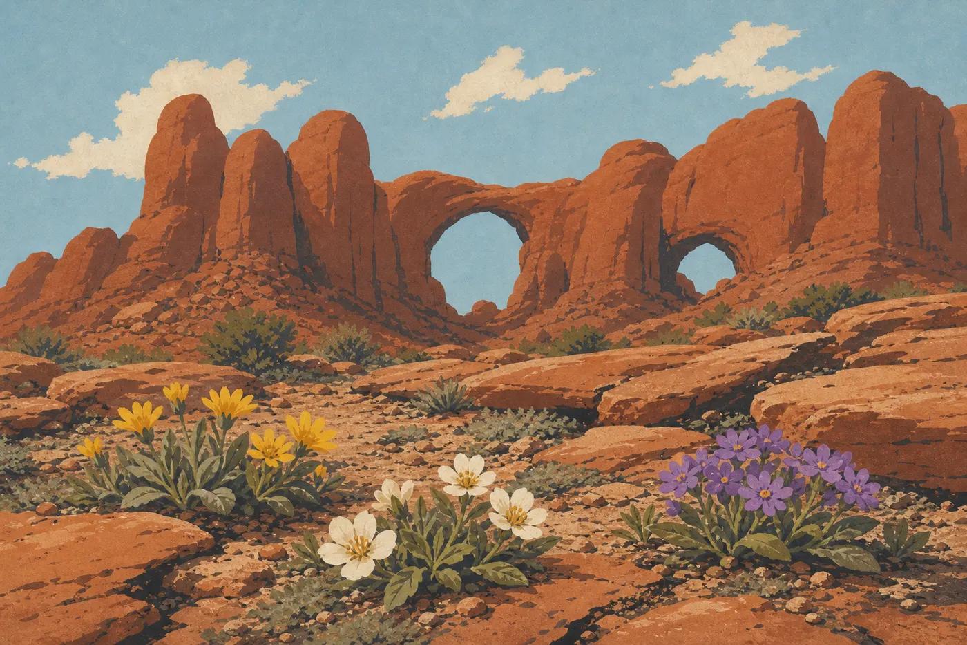 Illustration sérigraphiée : Des fleurs sauvages printanières colorent le premier plan rocheux devant les arches et les ailettes de Windows Section.