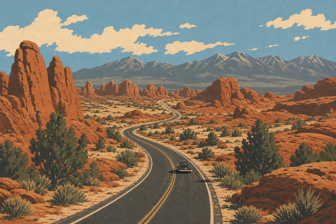 Illustration sérigraphiée : Un véhicule parcourt Arches Scenic Drive entre les formations rouges, avec les montagnes La Sal à l'horizon.