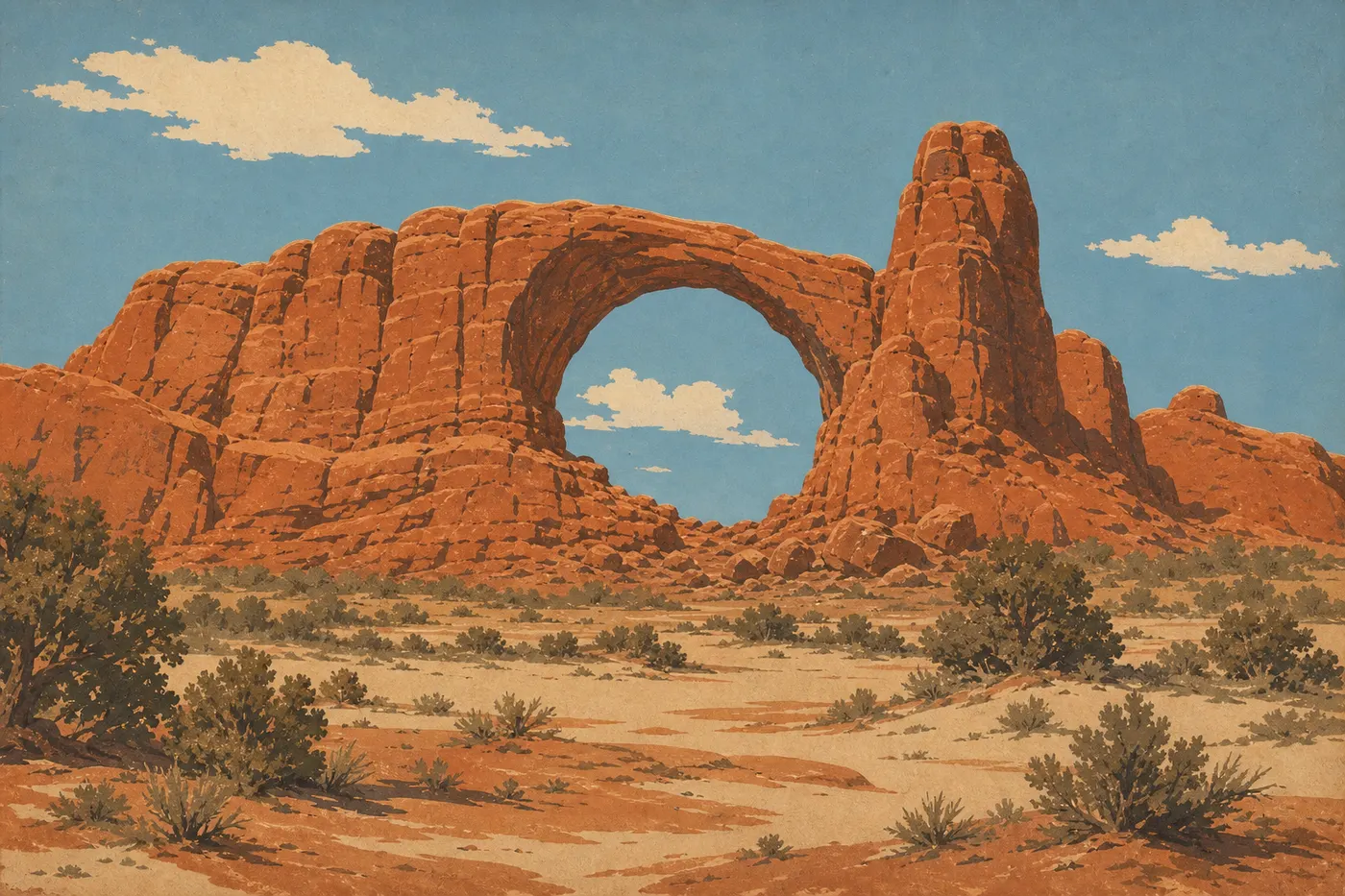 Illustration sérigraphiée : Tower Arch s'ouvre dans les rochers isolés de Klondike Bluffs, au-dessus d'un paysage désertique sans foule.