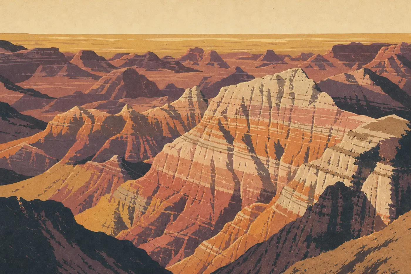 Illustration sérigraphiée : La lumière rasante d'automne embrase les bandes ocre et roses des formations de Pinnacles Overlook.
