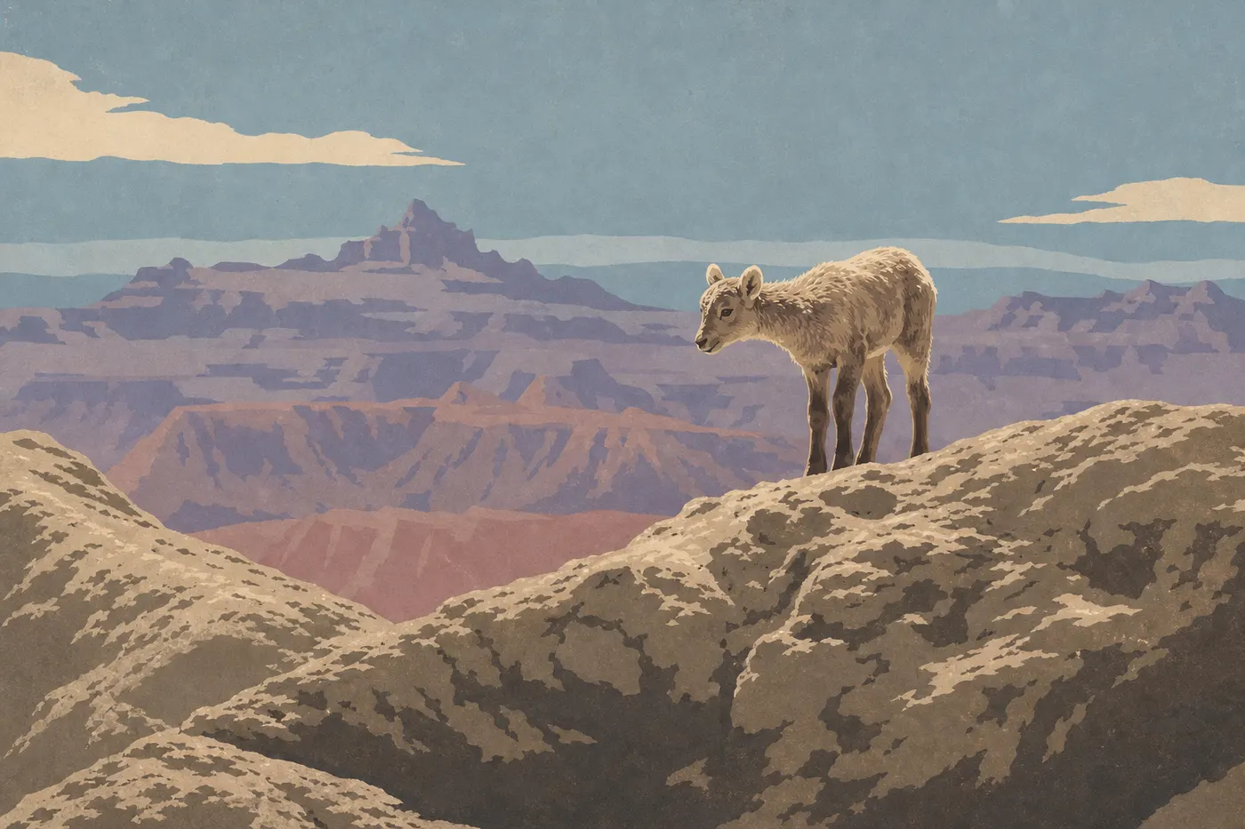 Illustration sérigraphiée : Un mouflon des Rocheuses se tient sur une crête escarpée près de Pinnacles Overlook.