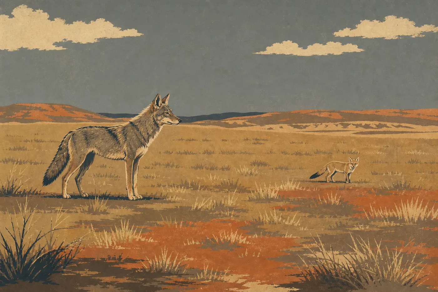Illustration sérigraphiée : Un coyote et un renard véloce illustrent les silhouettes contrastées des deux canidés des prairies du parc.