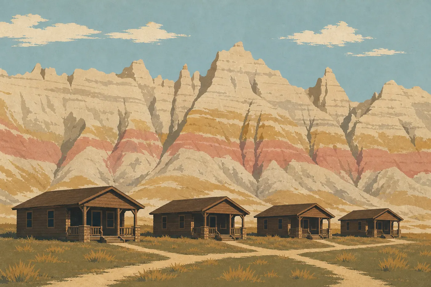 Illustration sérigraphiée : Les cabanes historiques de Cedar Pass Lodge se détachent devant les falaises colorées de la Badlands Wall.