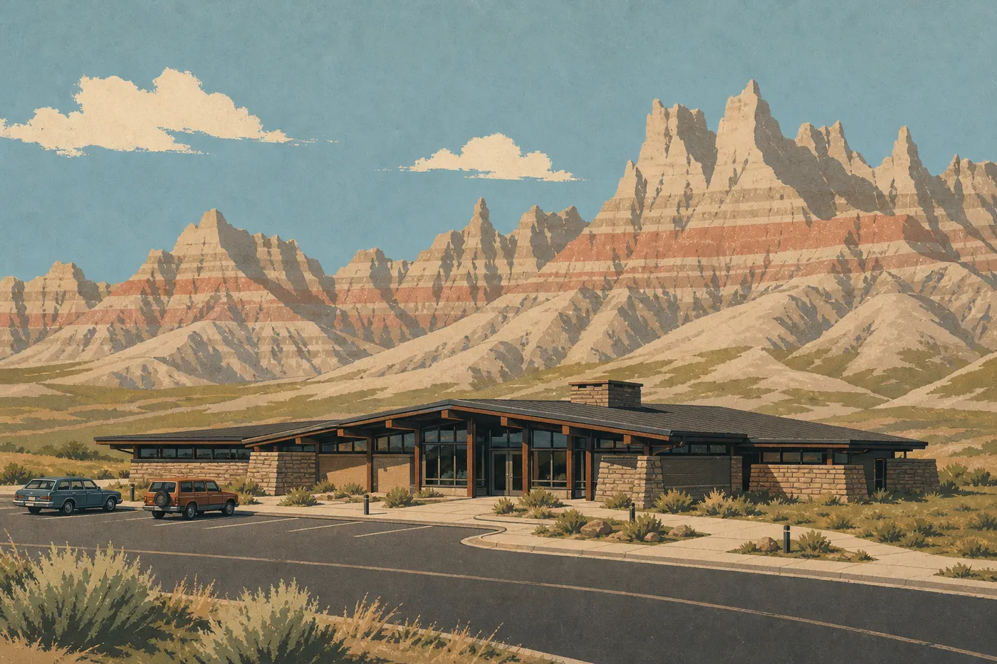 Ilustración serigrafiada: Ben Reifel Visitor Center aparece al pie de las formaciones estratificadas de la zona de Cedar Pass.