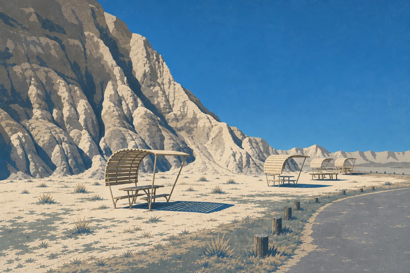 Illustration sérigraphiée : Les tables abritées de Conata Picnic Area offrent une halte dans la prairie face aux reliefs des Badlands.