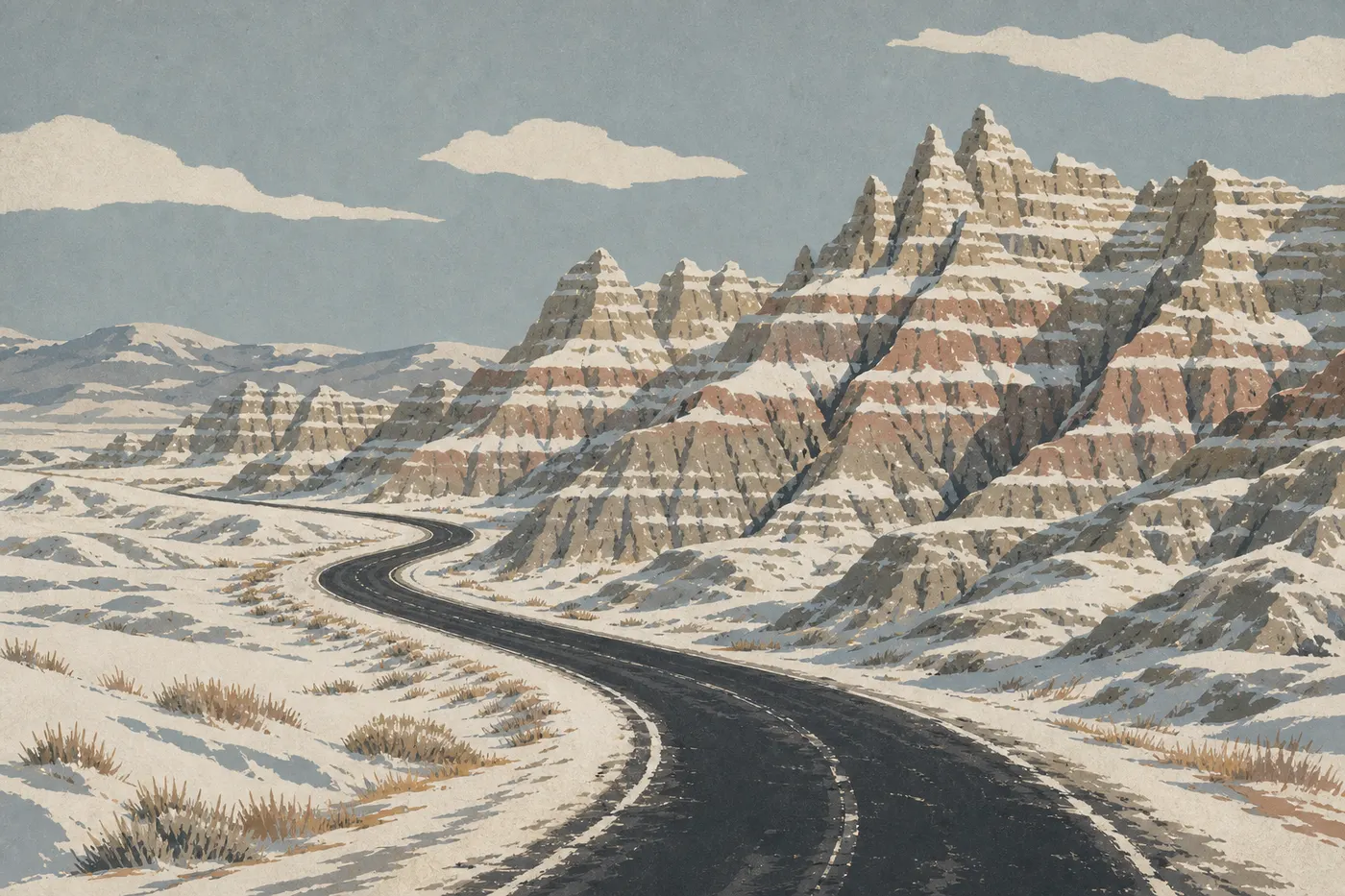 Illustration sérigraphiée : La neige souligne chaque strate des pinacles tandis qu'une route déserte traverse les Badlands en hiver.