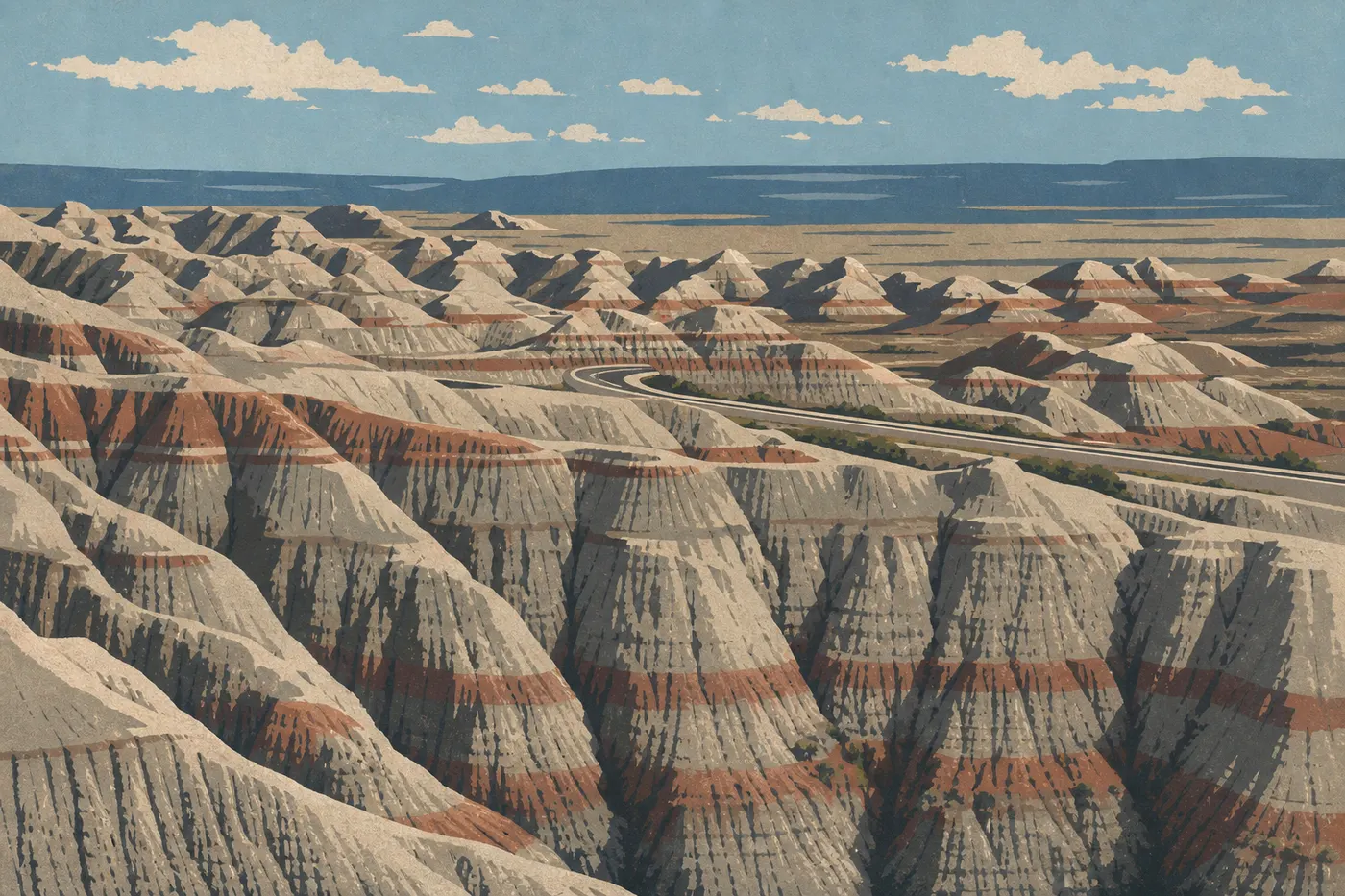 Illustration sérigraphiée : La Badlands Loop Road serpente entre les pics ocre et les prairies de la North Unit.