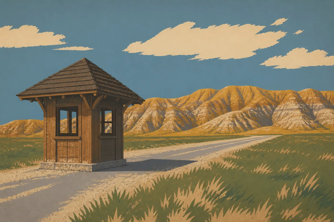 Illustration sérigraphiée : Le panneau de Northeast Entrance accueille les visiteurs devant les premières formations rocheuses de la Badlands Wall.