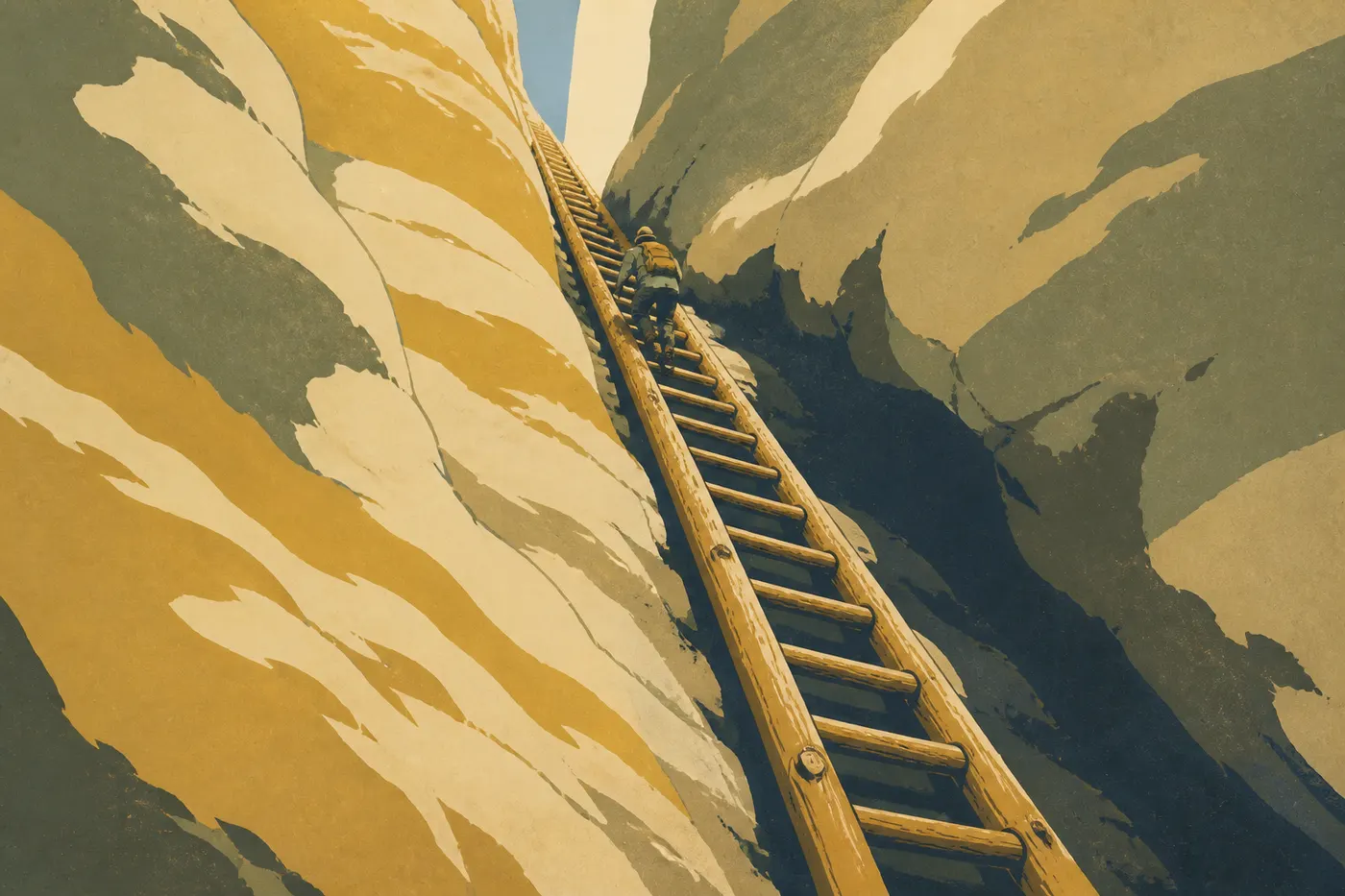 Illustration sérigraphiée : Des randonneurs gravissent l'échelle de rondins du Notch Trail dans un étroit canyon de la Badlands Wall.