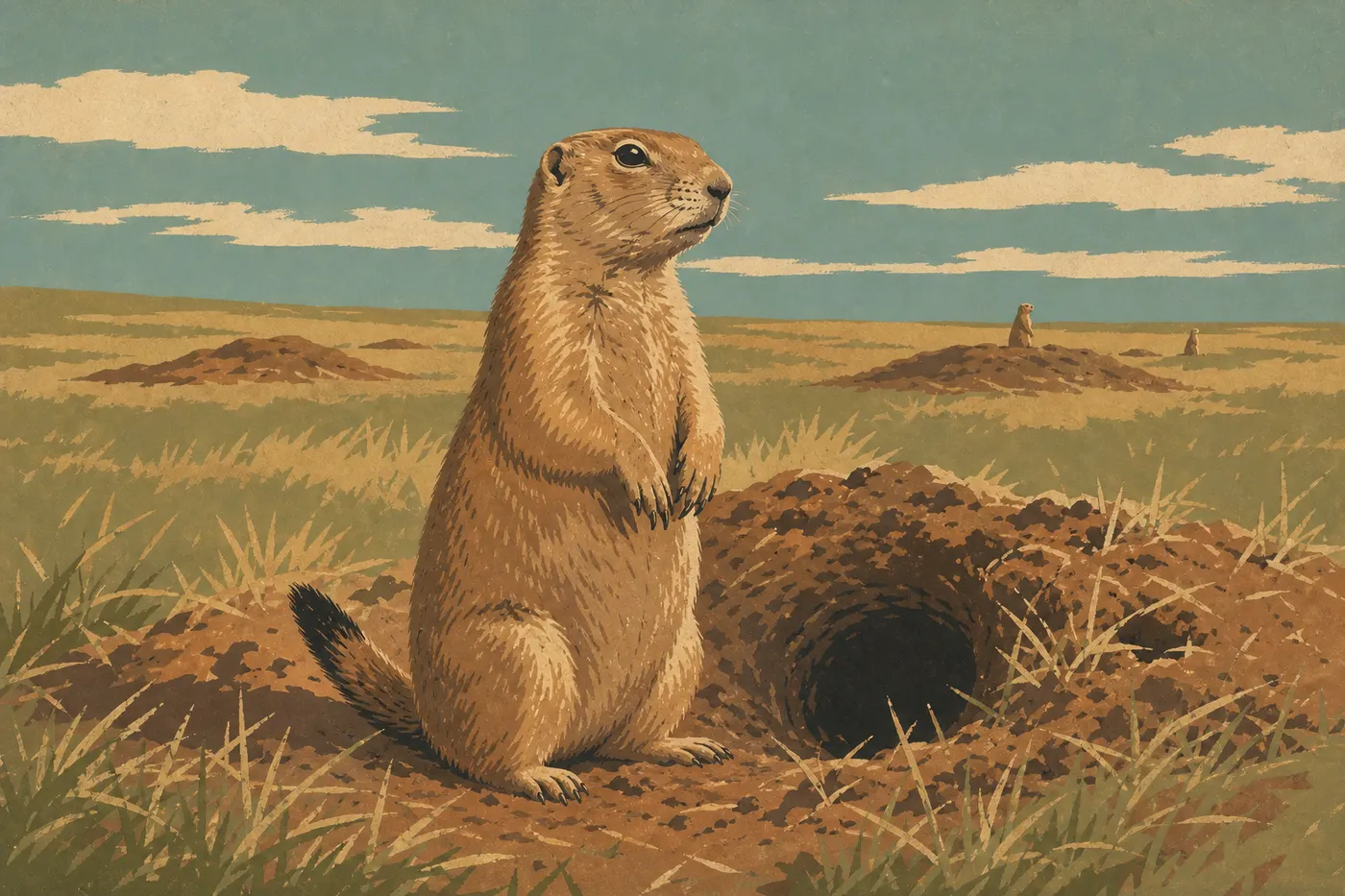 Illustration sérigraphiée : Un chien de prairie à queue noire monte la garde devant son terrier à Roberts Prairie Dog Town.